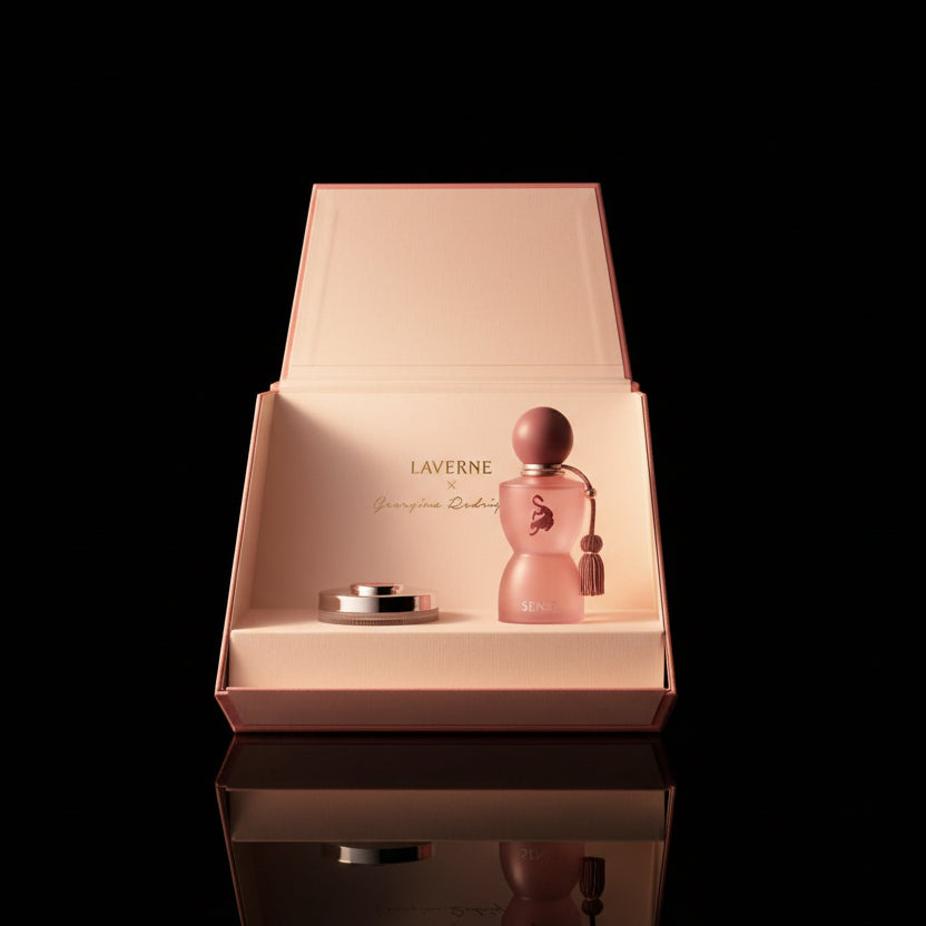 Laverne Sense gift box open with the perfume and body powder